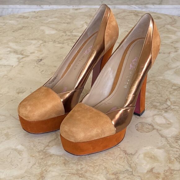 Paris Hilton Rebecca Camel Suede/Copper/Tan Leather Platform Pumps - Picture 2 of 13